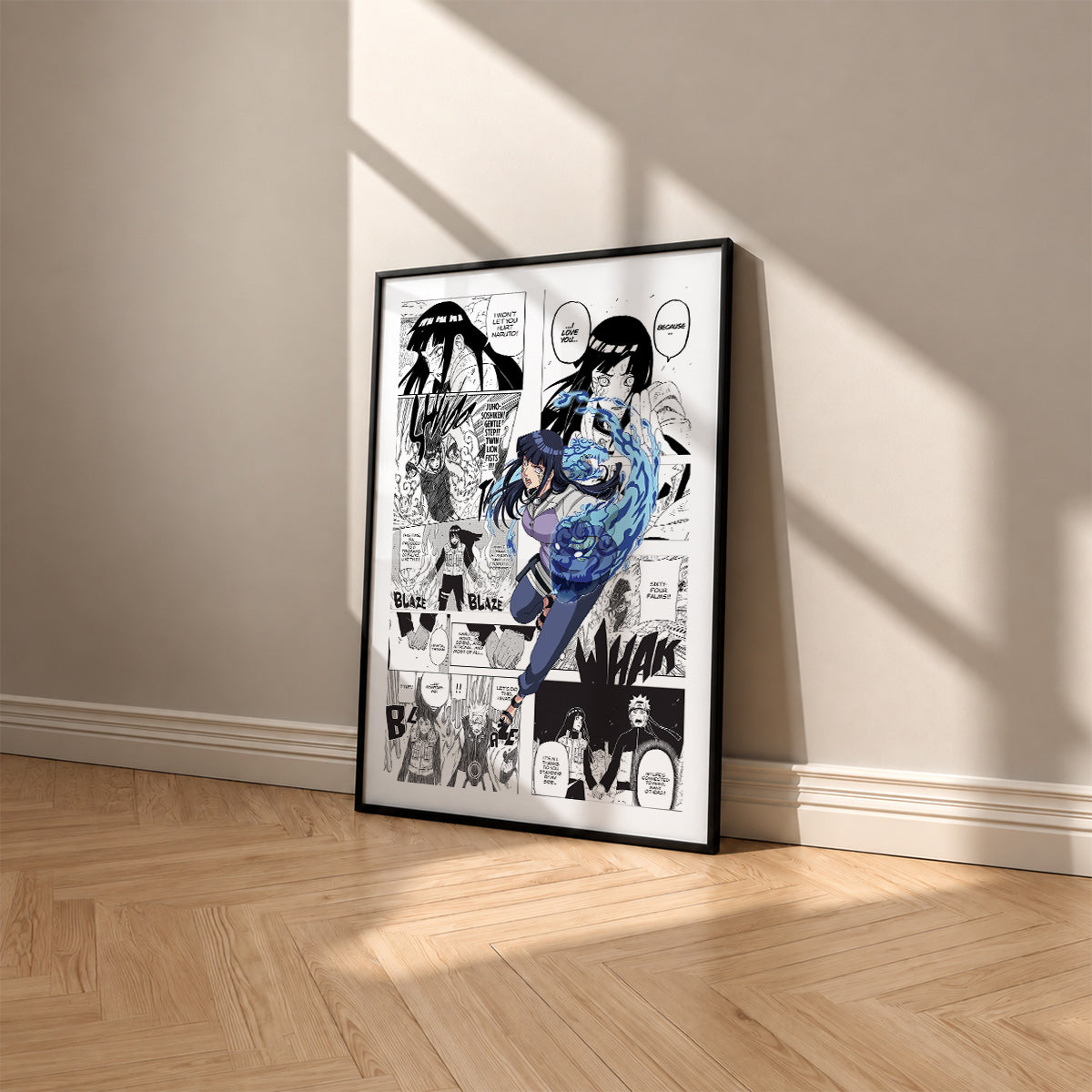 Hinata Hyuga manga poster inspired by Naruto in a black frame against a warm beige wall