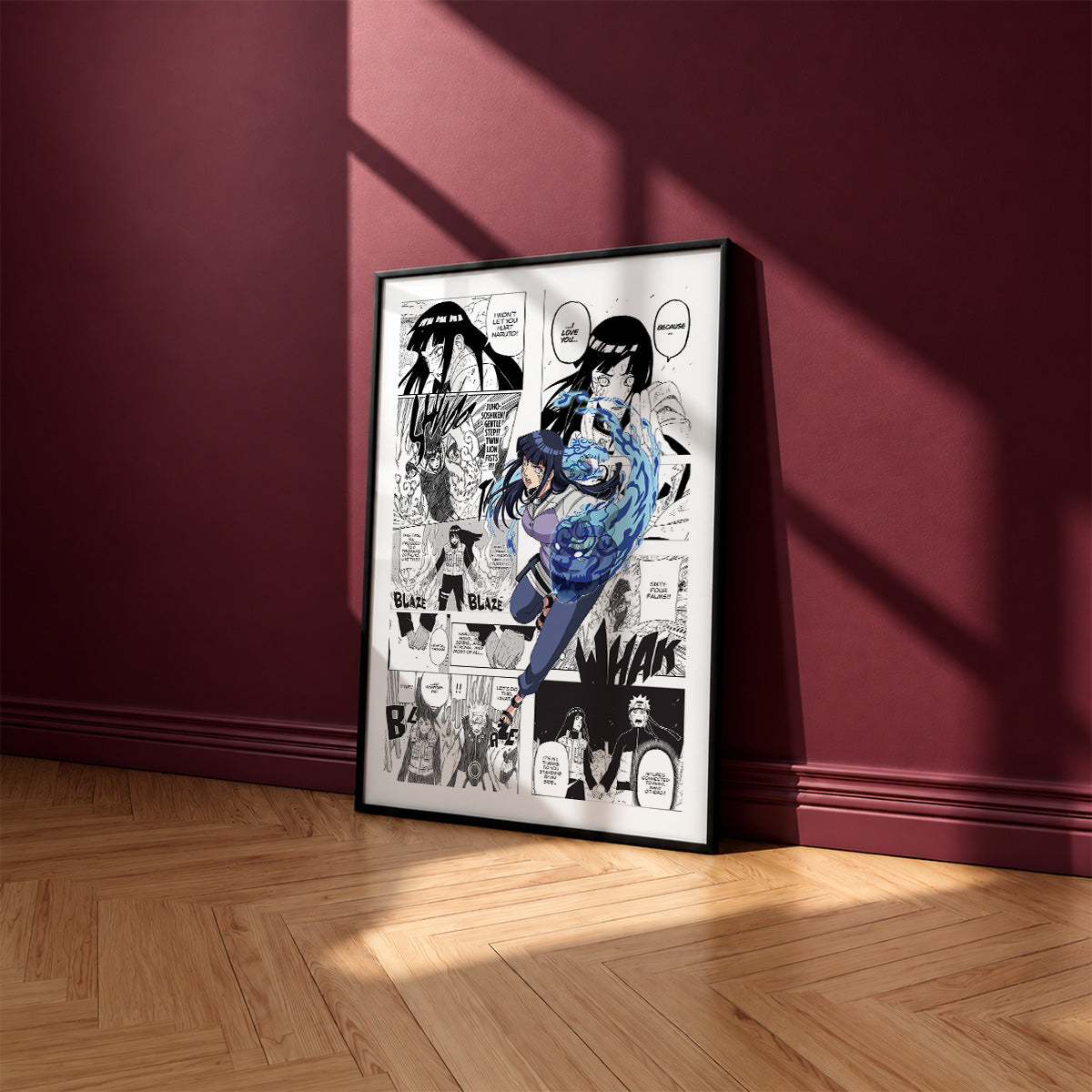 Hinata Hyuga manga poster inspired by Naruto in a black frame against a burgundy wall