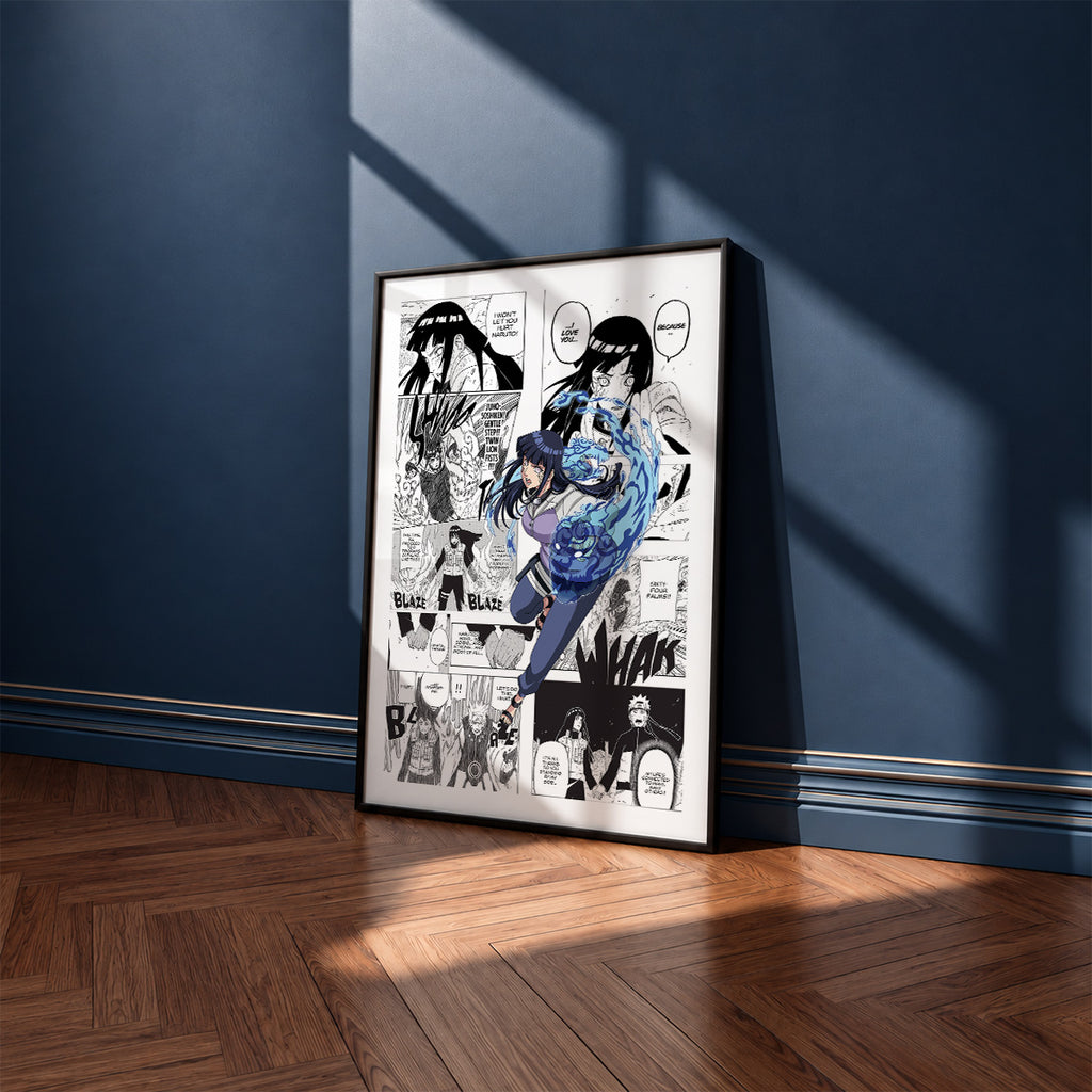 Hinata Hyuga manga poster inspired by Naruto in a black frame against a navy blue wall