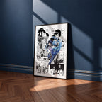 Hinata Hyuga manga poster inspired by Naruto in a black frame against a navy blue wall