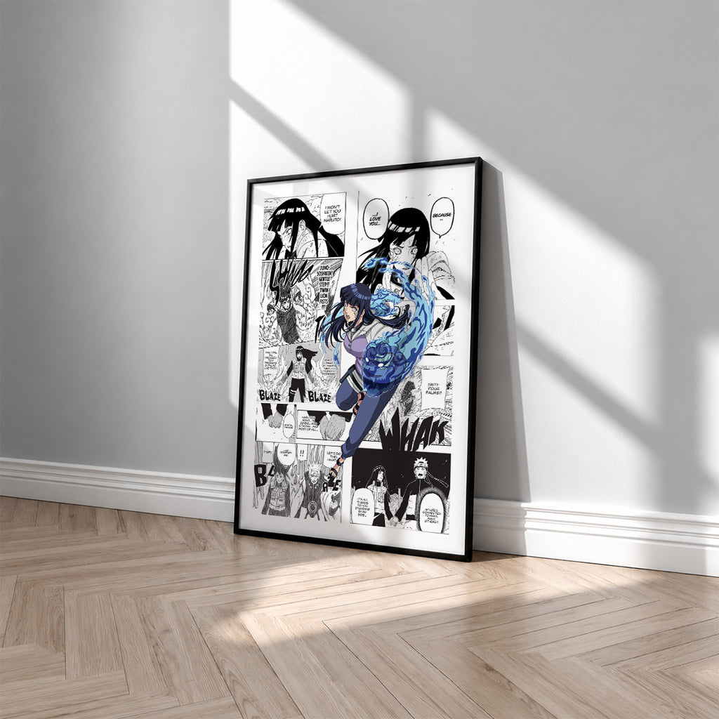 Hinata Hyuga manga poster inspired by Naruto in a black frame against a light gray wall