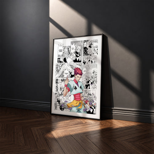 Hisoka Morow manga poster inspired by Hunter x Hunter in a black frame against a charcoal gray wall