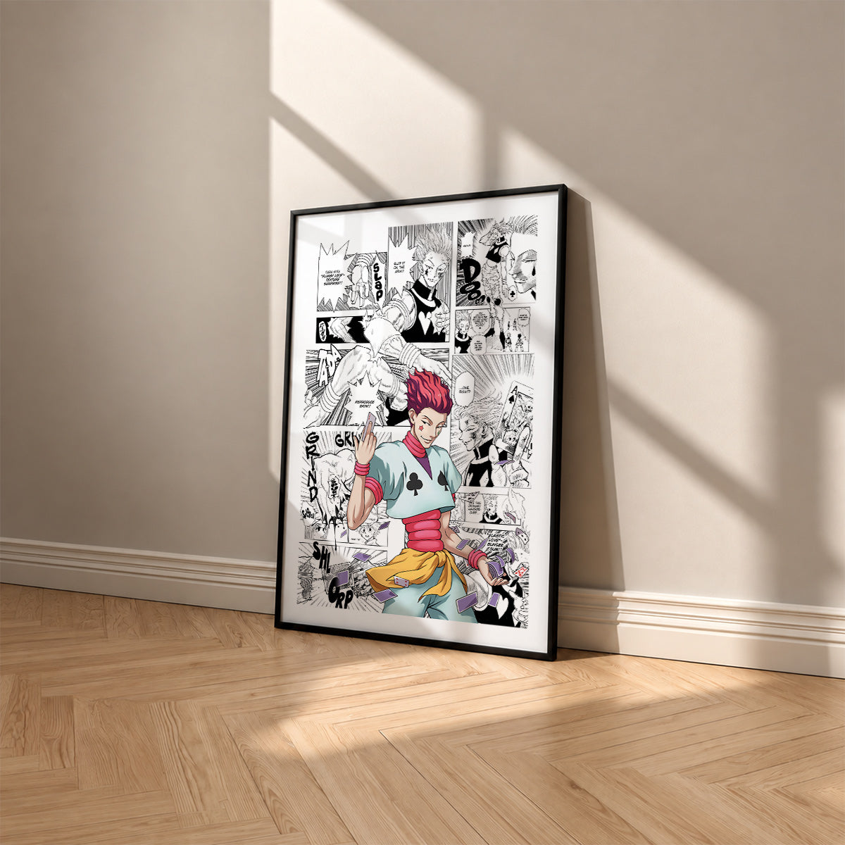 Hisoka Morow manga poster inspired by Hunter x Hunter in a black frame against a warm beige wall