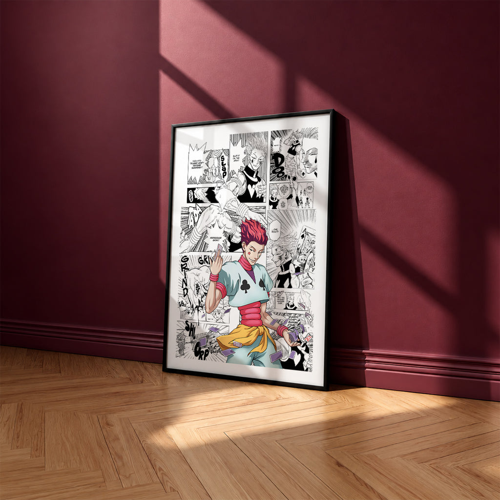 Hisoka Morow manga poster inspired by Hunter x Hunter in a black frame against a burgundy wall