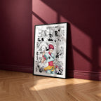 Hisoka Morow manga poster inspired by Hunter x Hunter in a black frame against a burgundy wall