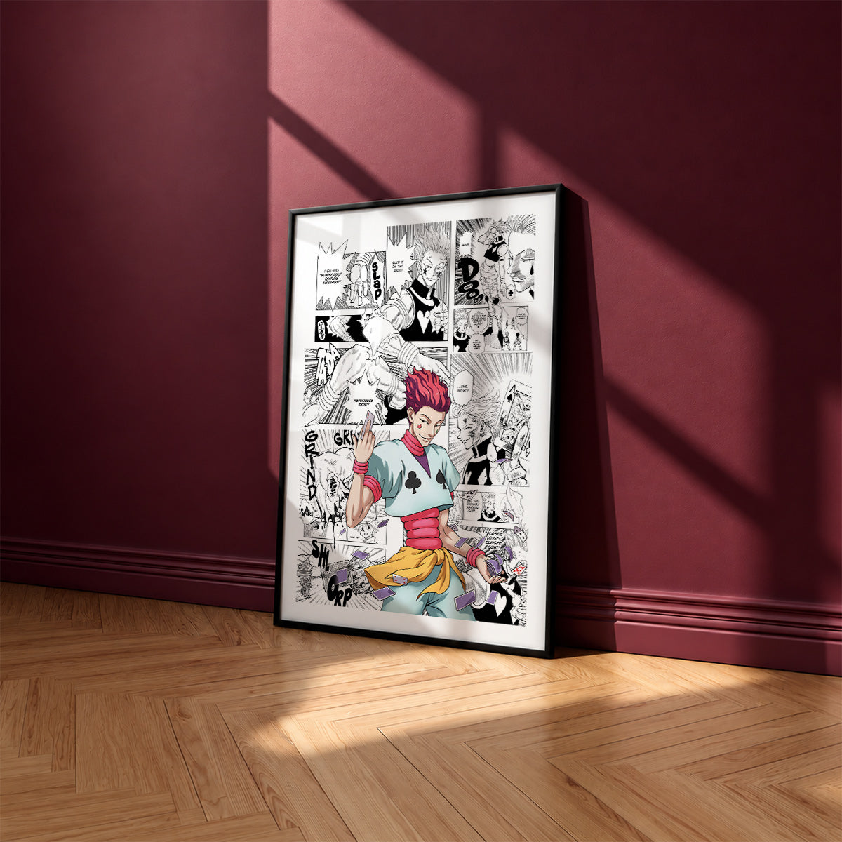 Hisoka Morow manga poster inspired by Hunter x Hunter in a black frame against a burgundy wall