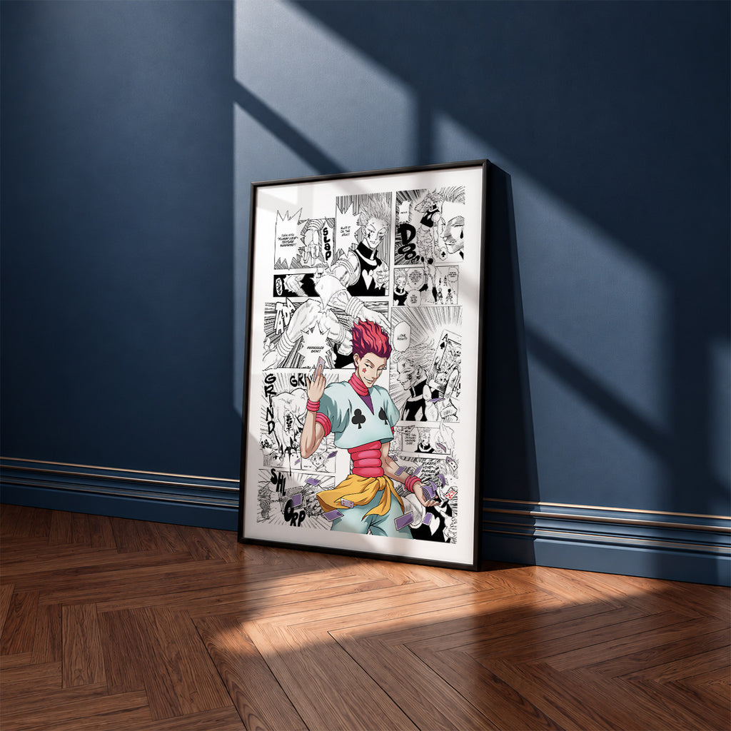 Hisoka Morow manga poster inspired by Hunter x Hunter in a black frame against a navy blue wall