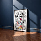 Hisoka Morow manga poster inspired by Hunter x Hunter in a black frame against a navy blue wall