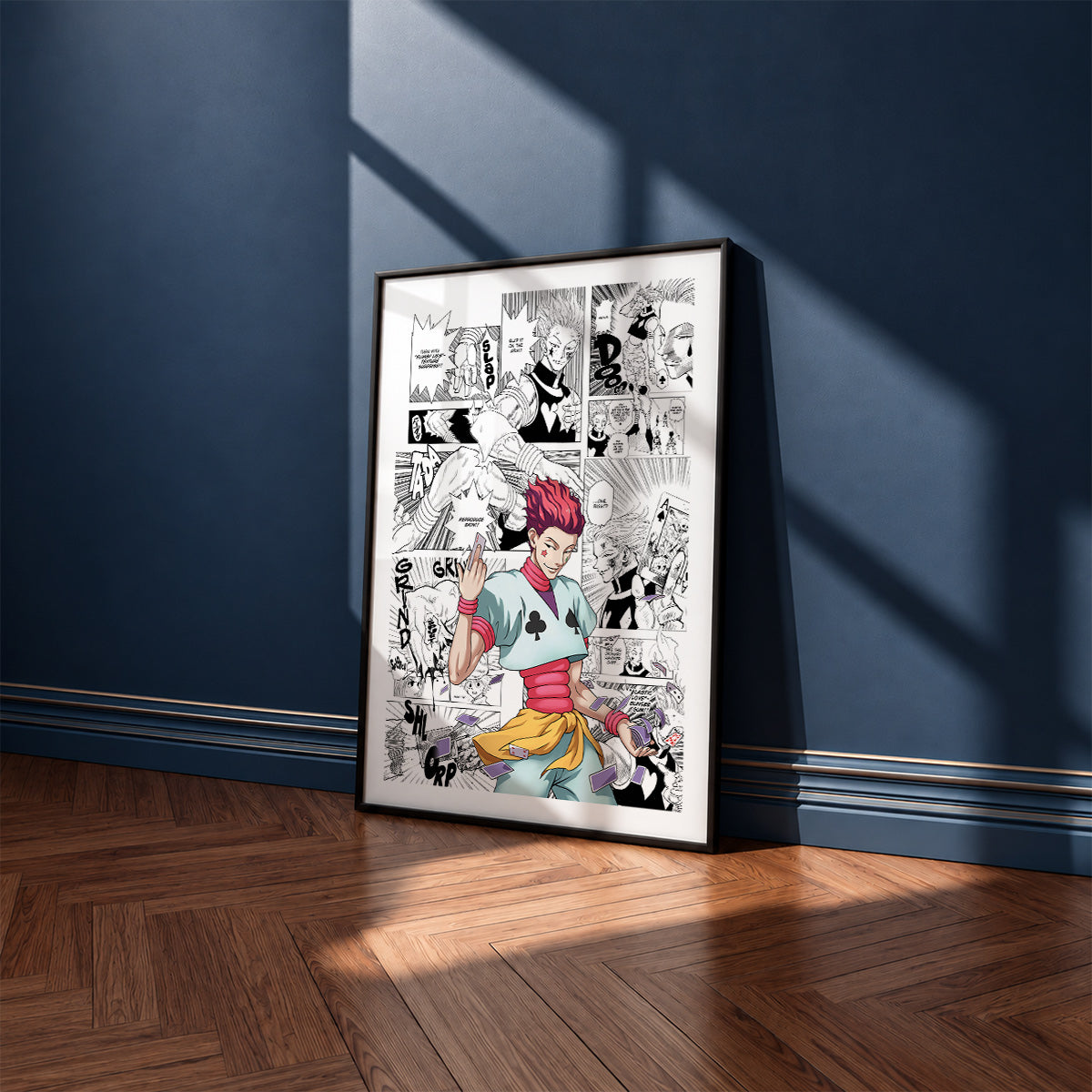 Hisoka Morow manga poster inspired by Hunter x Hunter in a black frame against a navy blue wall