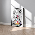 Hisoka Morow manga poster inspired by Hunter x Hunter in a black frame against a light gray wall