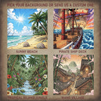 Background options for the custom Wanted poster: sunny beach, pirate ship deck, tropical island jungle and Wano village