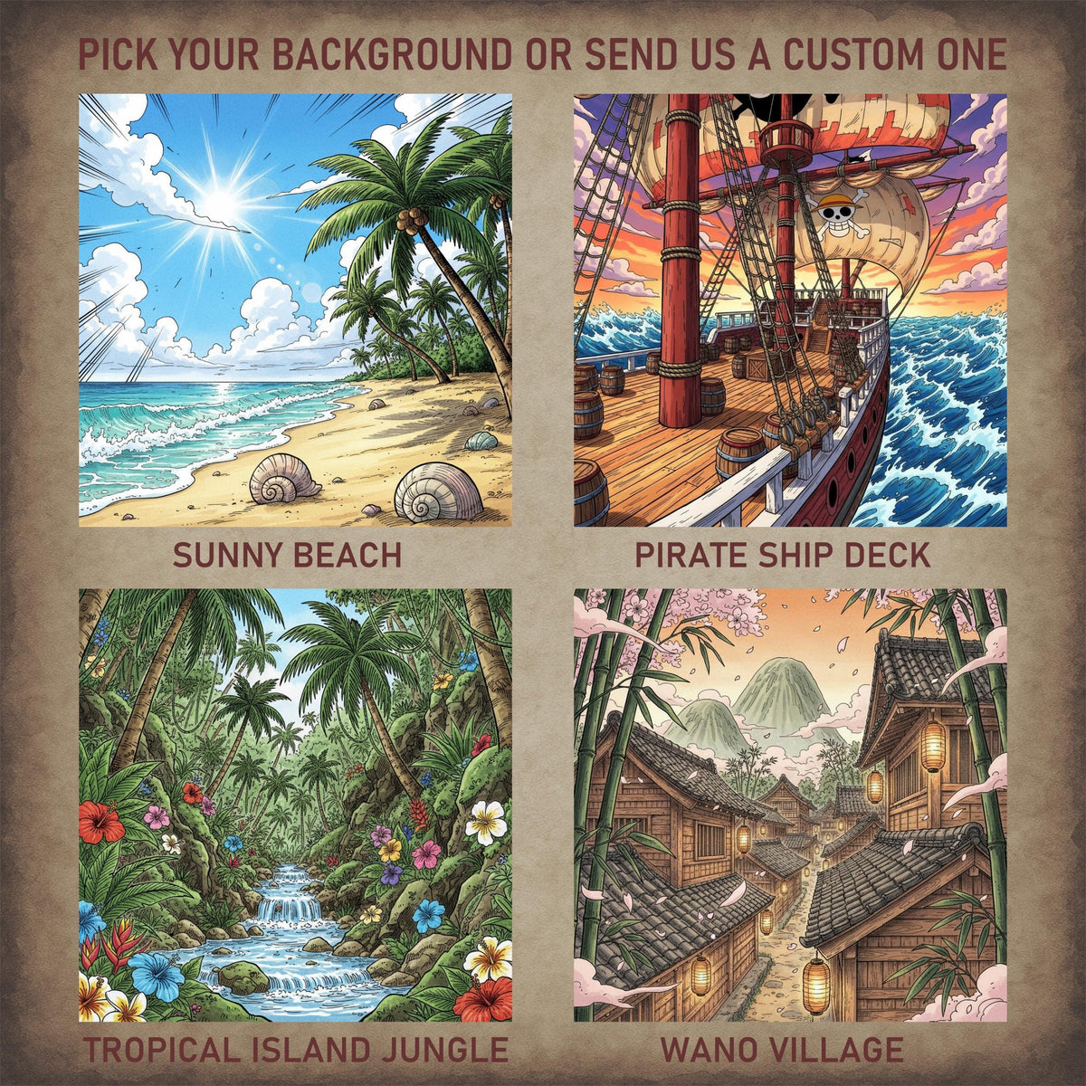 Background options for the custom Wanted poster: sunny beach, pirate ship deck, tropical island jungle and Wano village