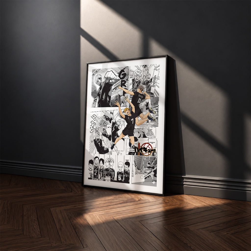 Inarizaki High manga poster inspired by Haikyu!! in a black frame against a charcoal gray wall