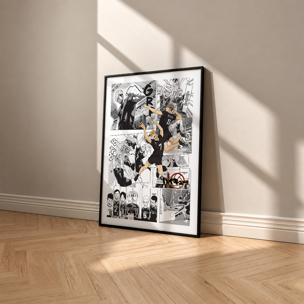 Inarizaki High manga poster inspired by Haikyu!! in a black frame against a warm beige wall
