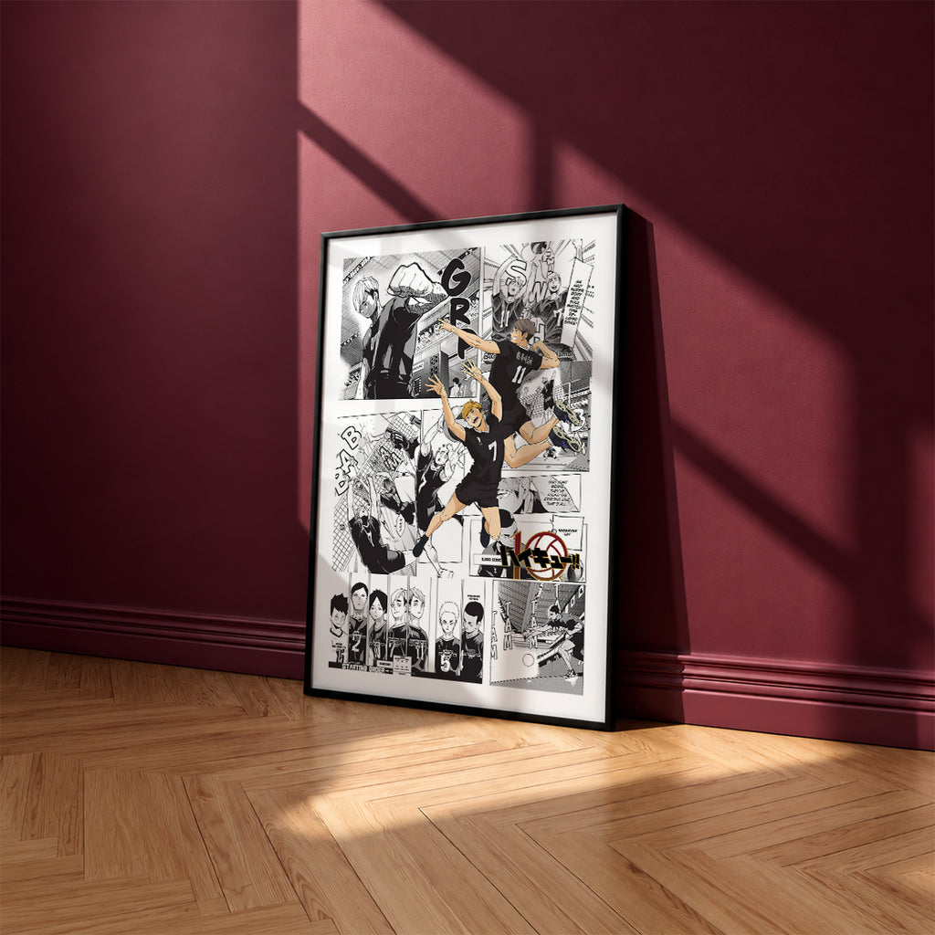 Inarizaki High manga poster inspired by Haikyu!! in a black frame against a burgundy wall