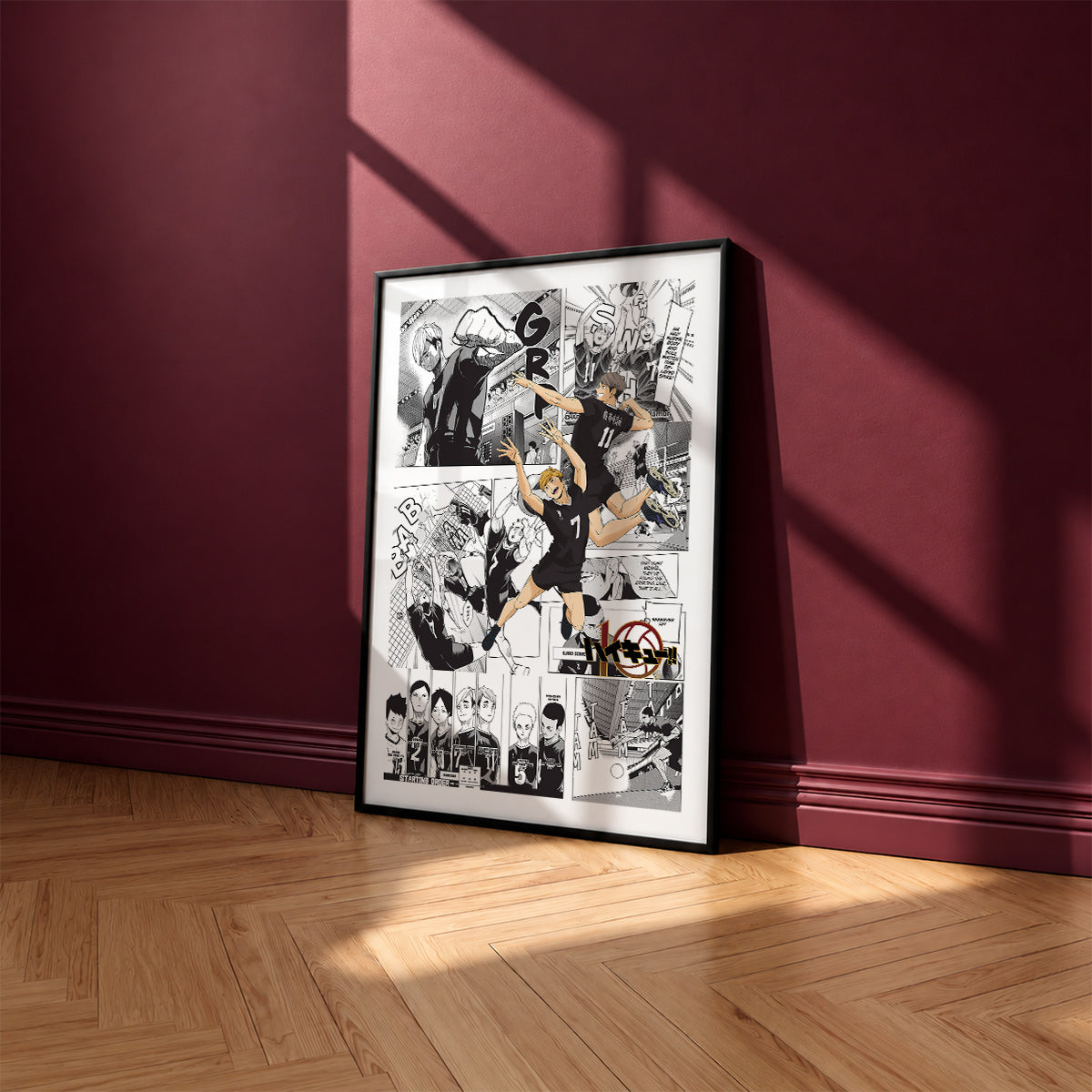 Inarizaki High manga poster inspired by Haikyu!! in a black frame against a burgundy wall