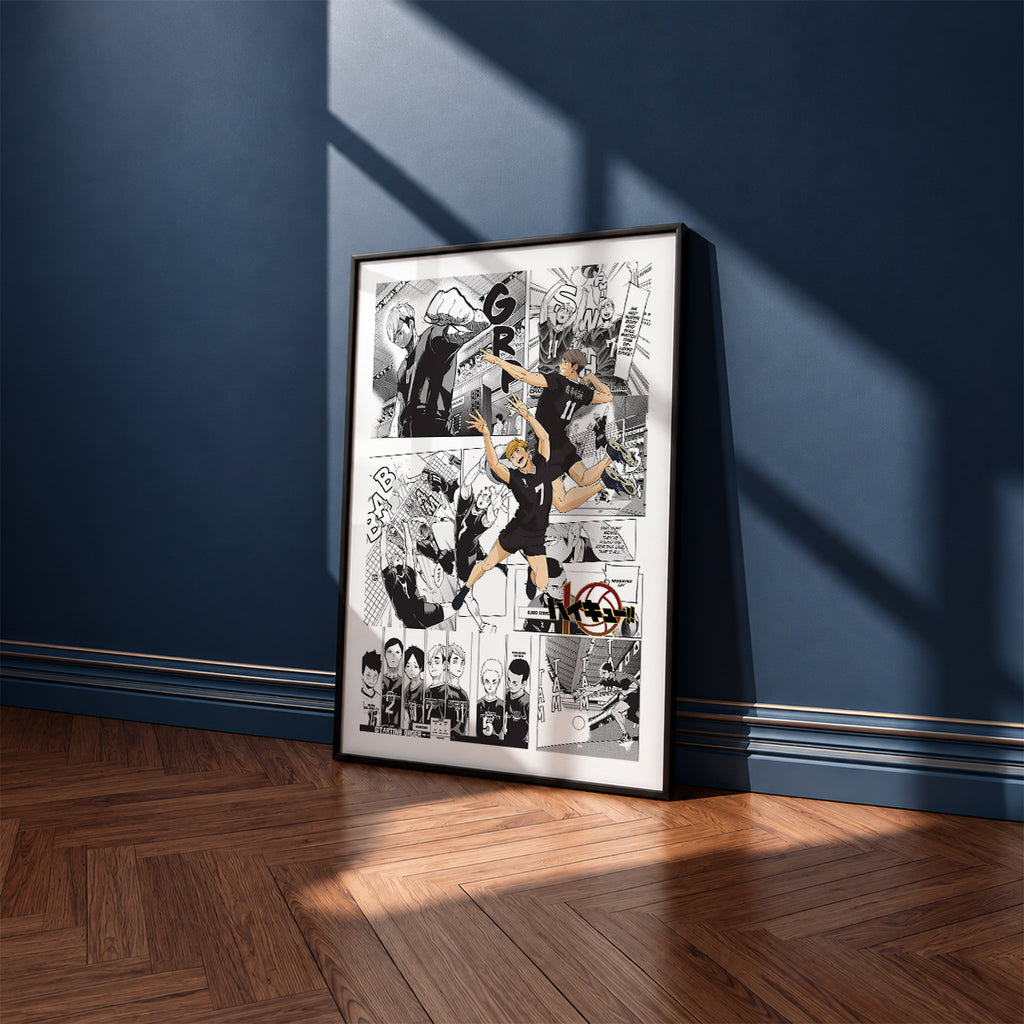 Inarizaki High manga poster inspired by Haikyu!! in a black frame against a navy blue wall
