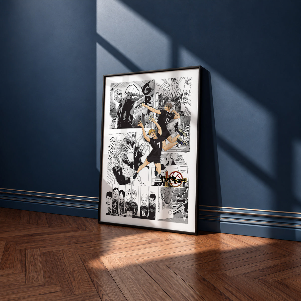 Inarizaki High manga poster inspired by Haikyu!! in a black frame against a navy blue wall