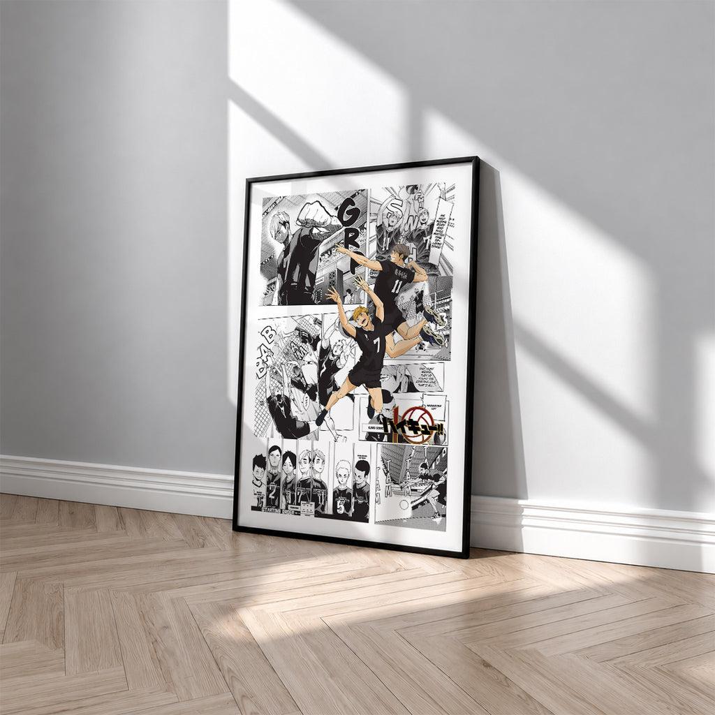 Inarizaki High manga poster inspired by Haikyu!! in a black frame against a light gray wall