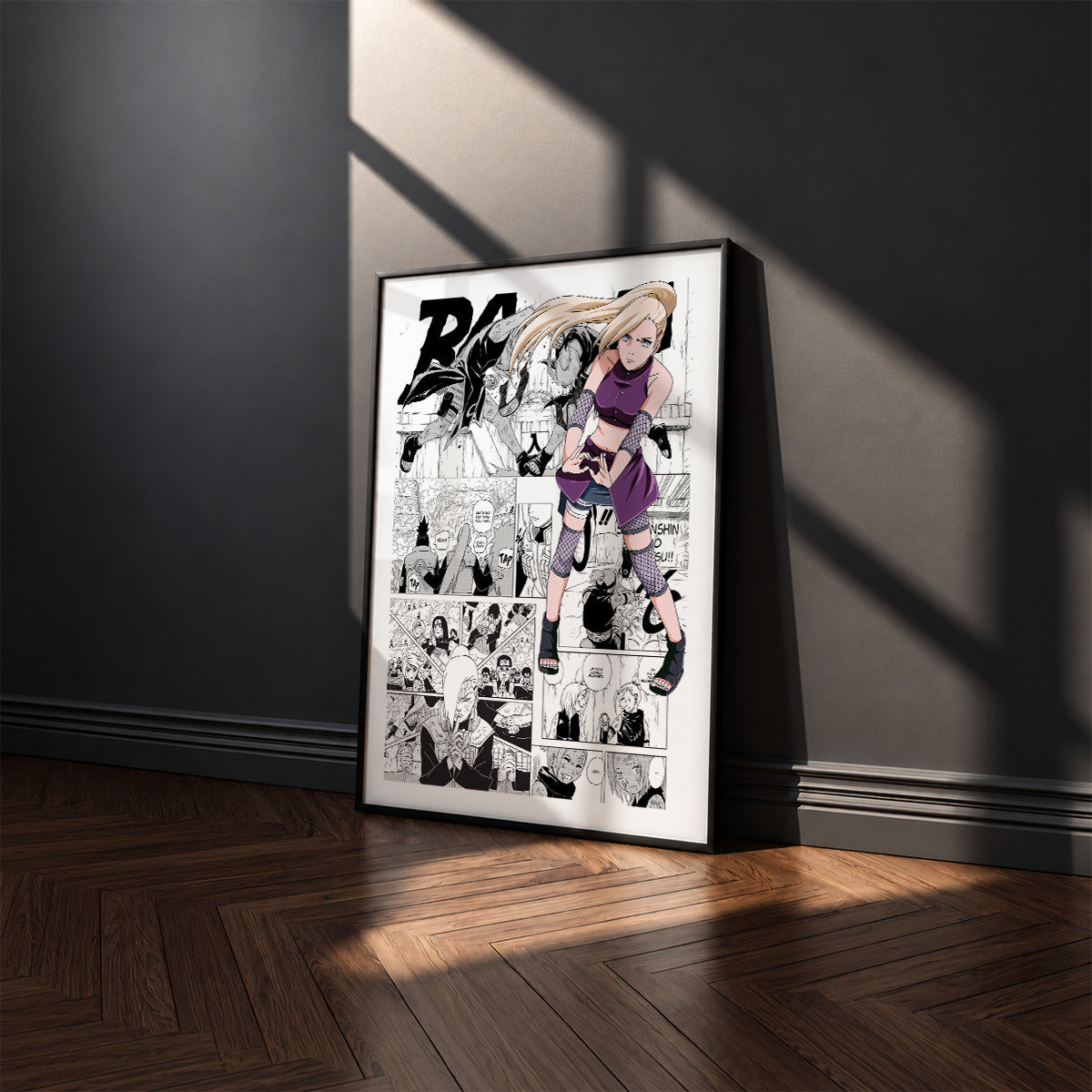 Ino Yamanaka manga poster inspired by Naruto in a black frame against a charcoal gray wall