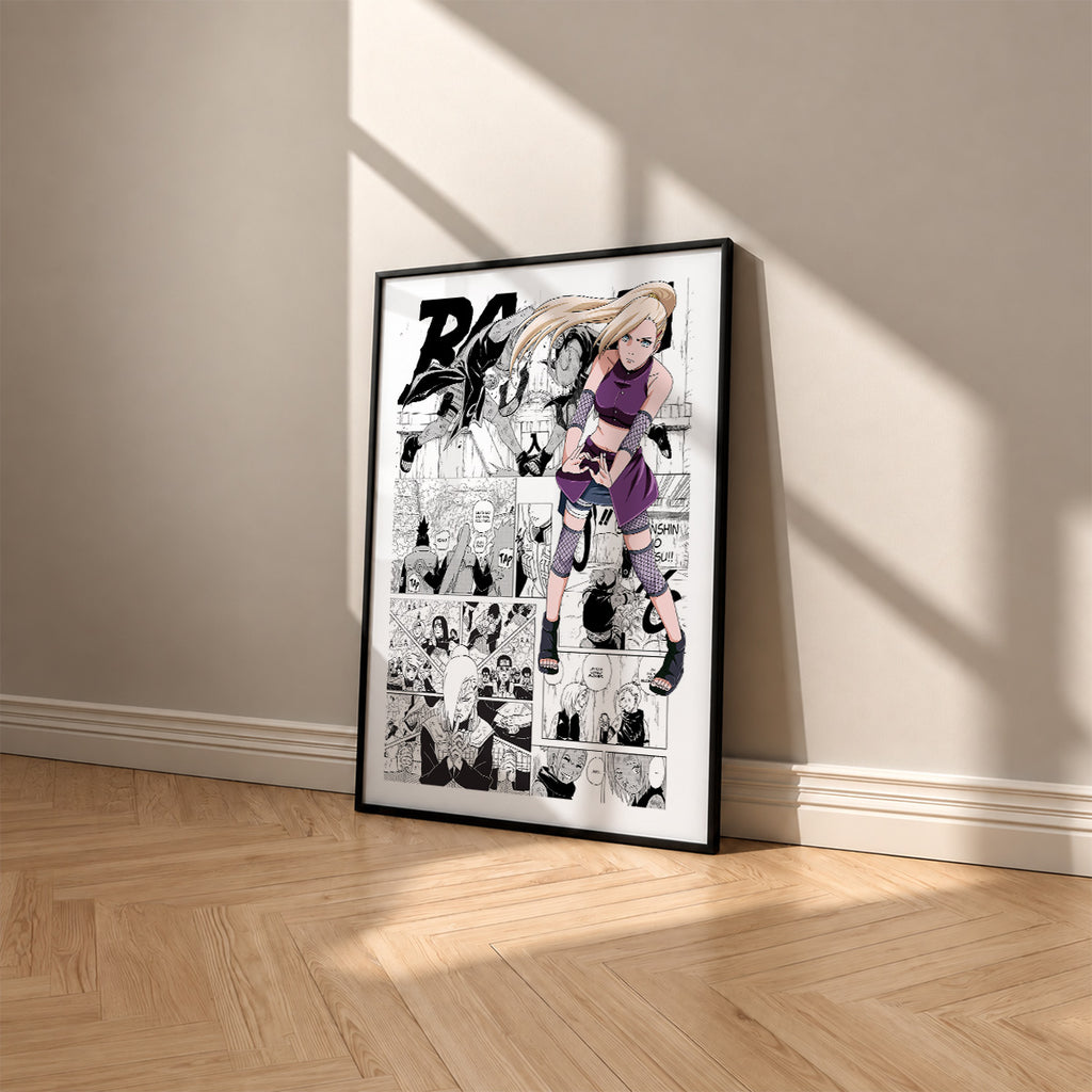 Ino Yamanaka manga poster inspired by Naruto in a black frame against a warm beige wall