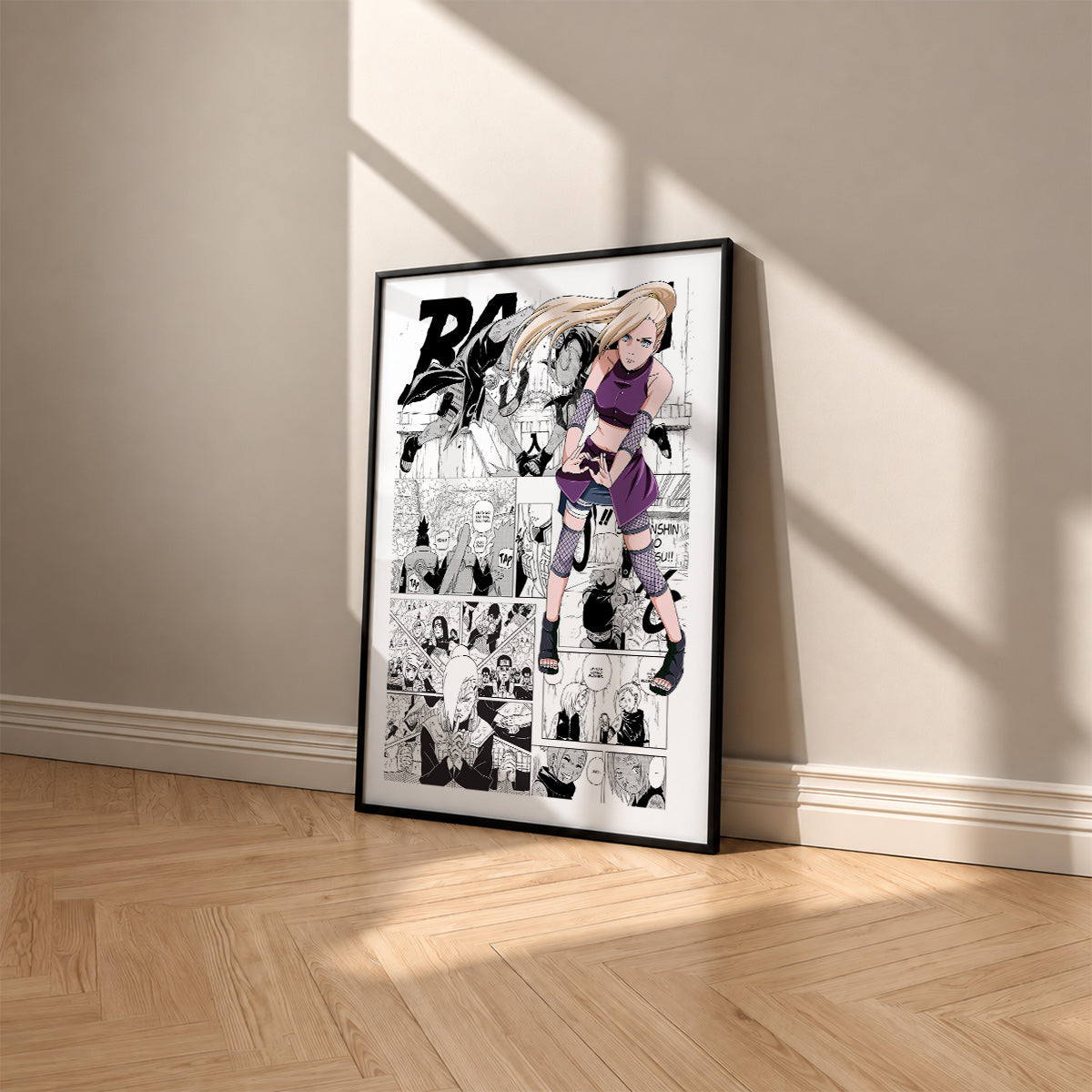 Ino Yamanaka manga poster inspired by Naruto in a black frame against a warm beige wall