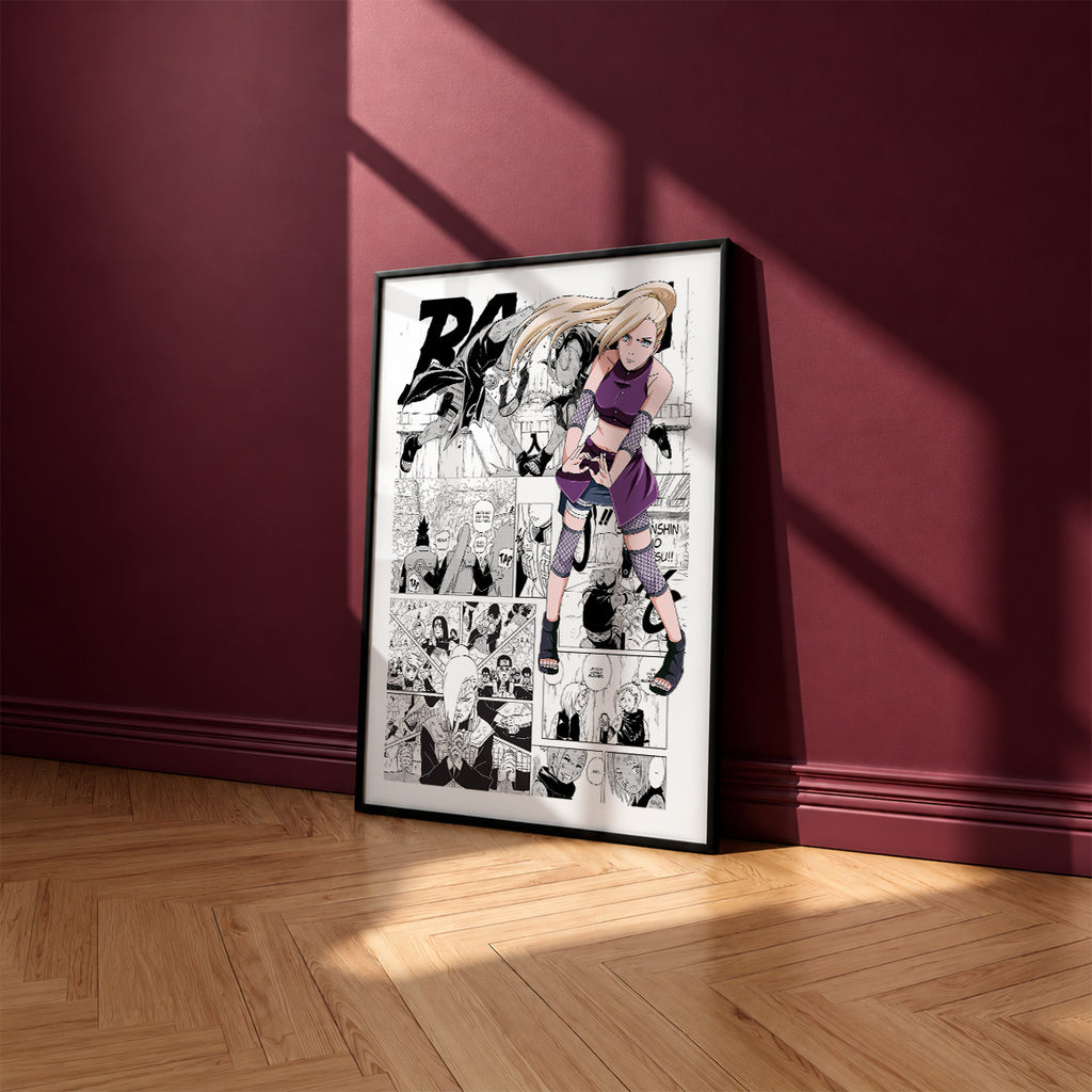 Ino Yamanaka manga poster inspired by Naruto in a black frame against a burgundy wall
