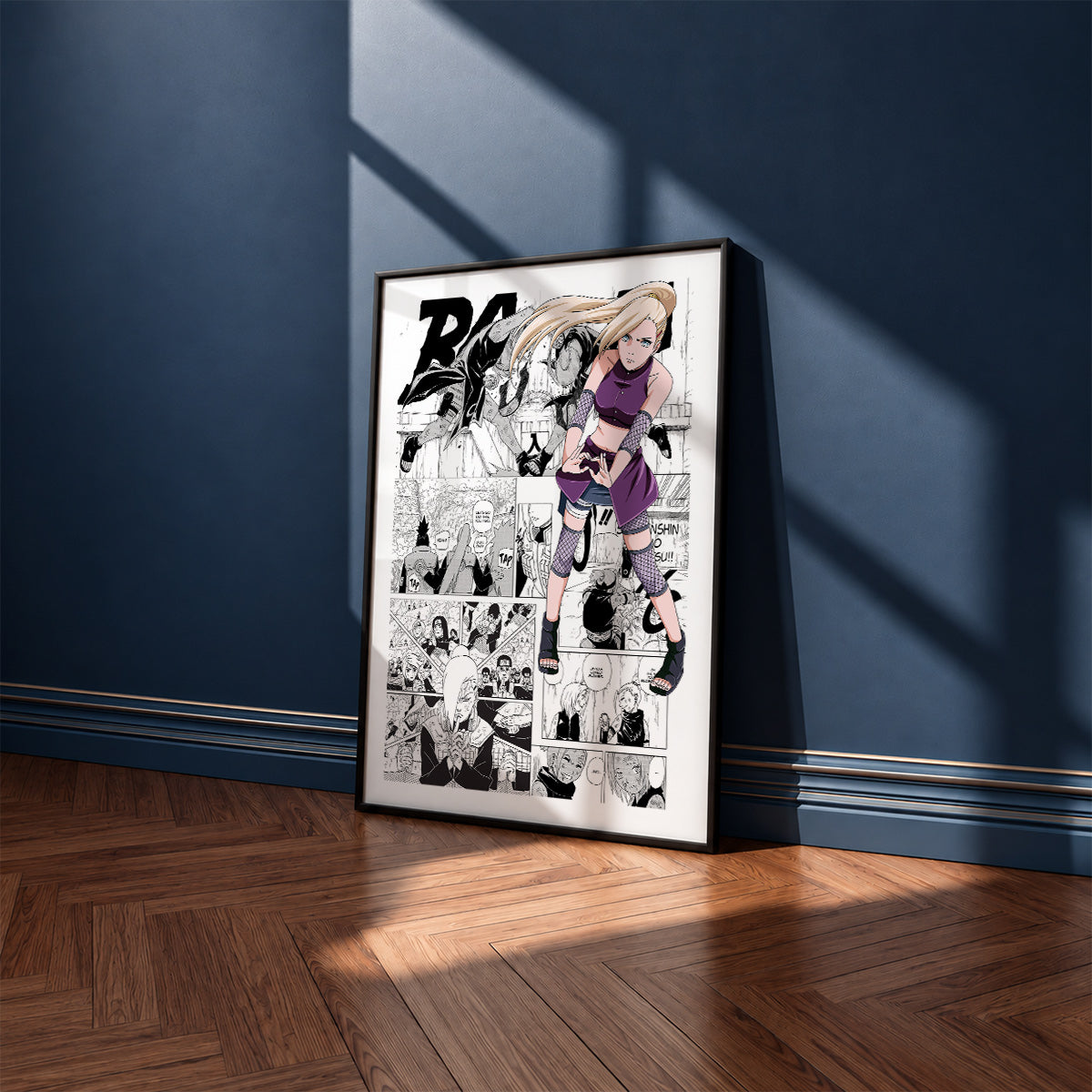 Ino Yamanaka manga poster inspired by Naruto in a black frame against a navy blue wall