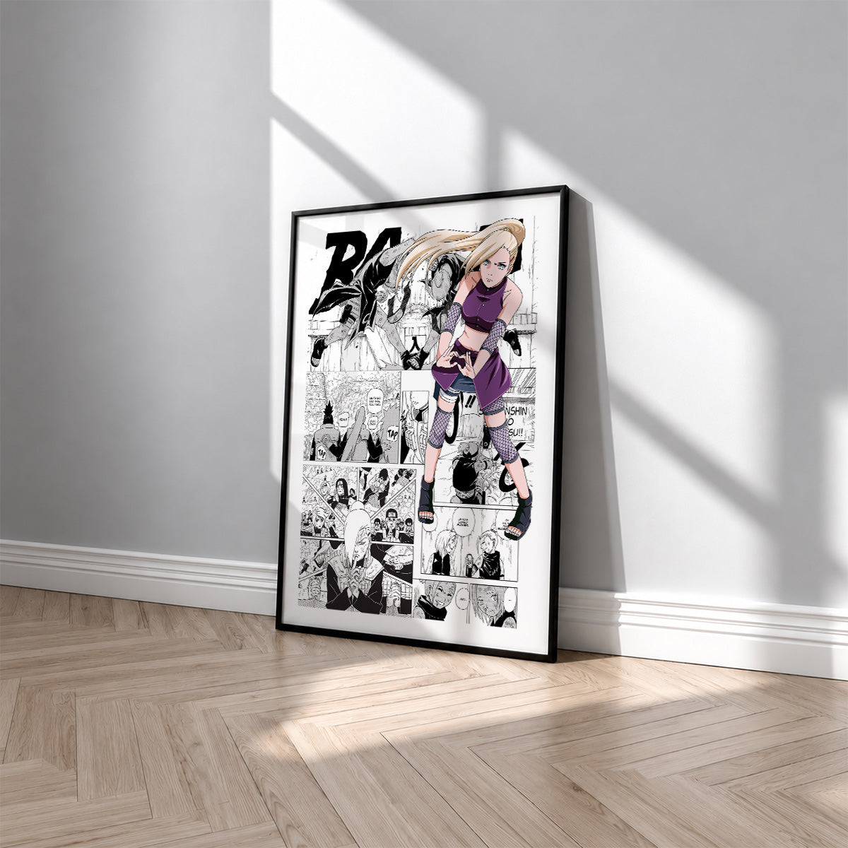 Ino Yamanaka manga poster inspired by Naruto in a black frame against a light gray wall