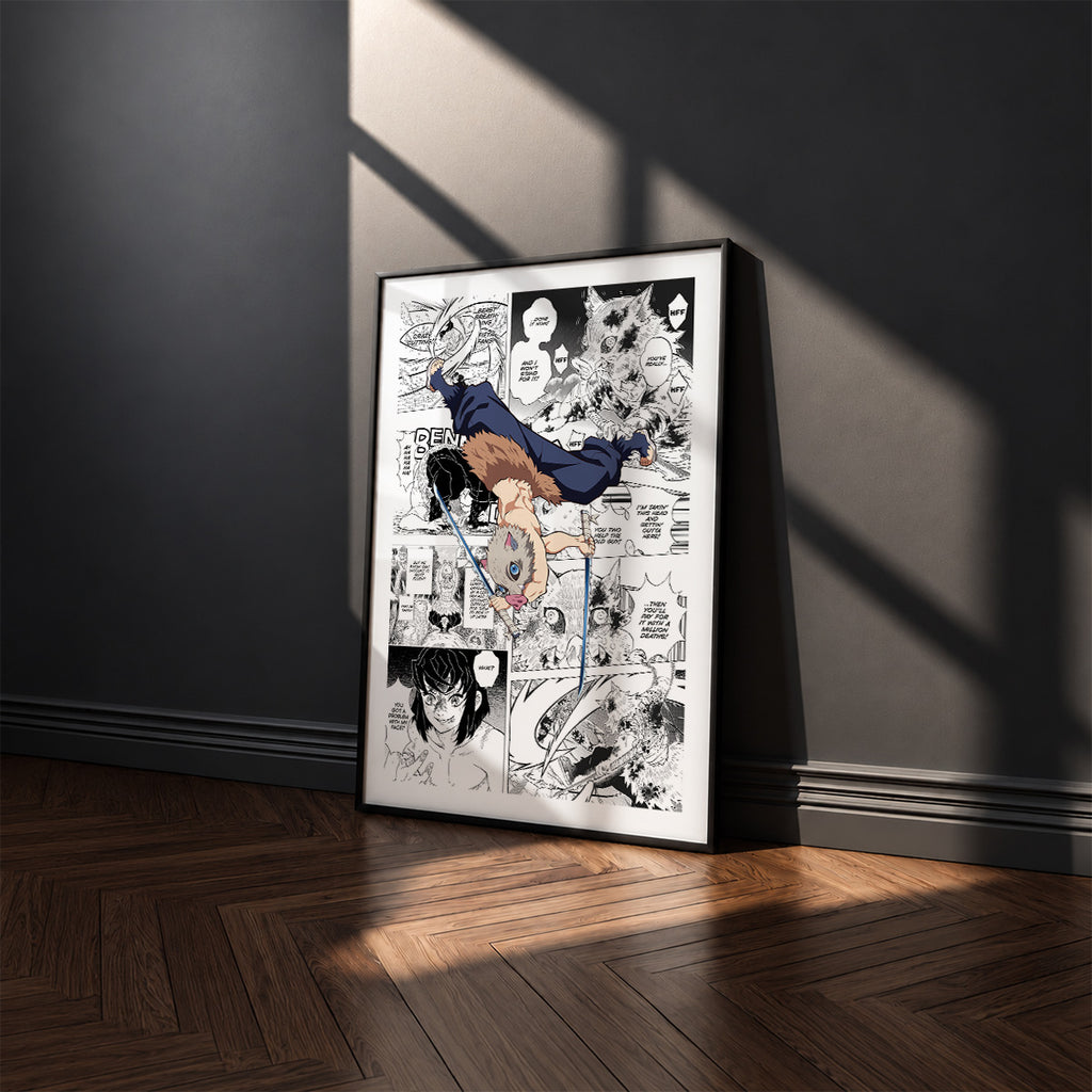 Inosuke Hashibira manga poster inspired by Demon Slayer in a black frame against a charcoal gray wall