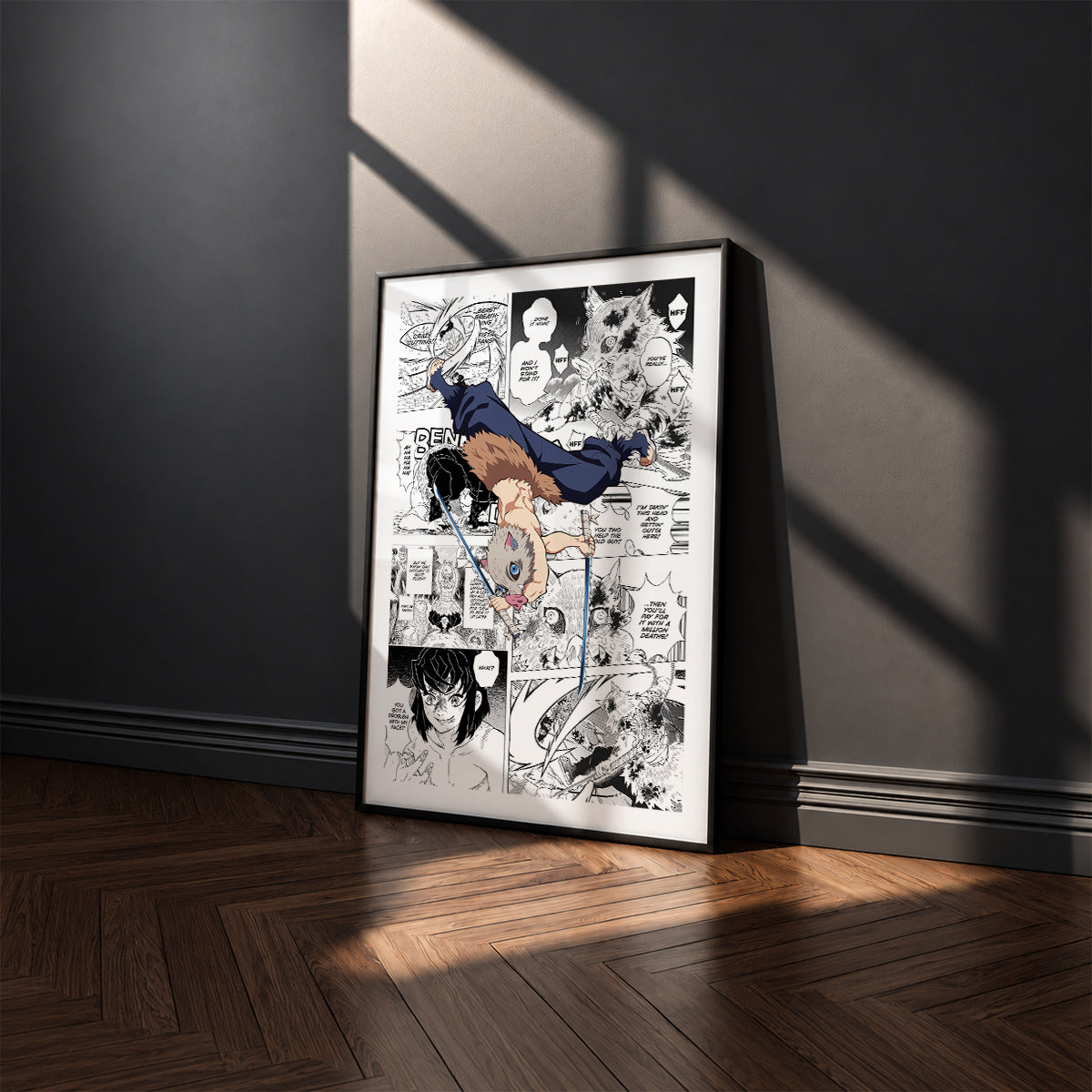 Inosuke Hashibira manga poster inspired by Demon Slayer in a black frame against a charcoal gray wall