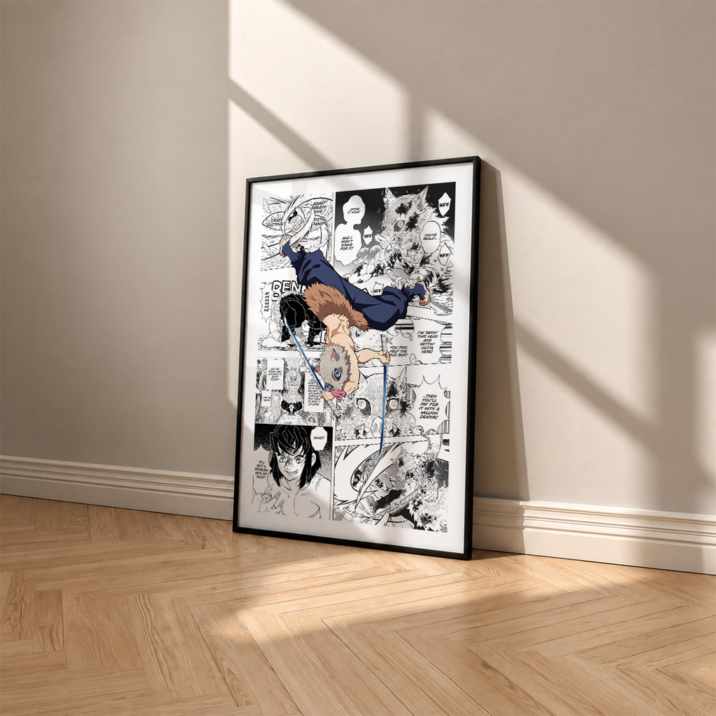 Inosuke Hashibira manga poster inspired by Demon Slayer in a black frame against a warm beige wall