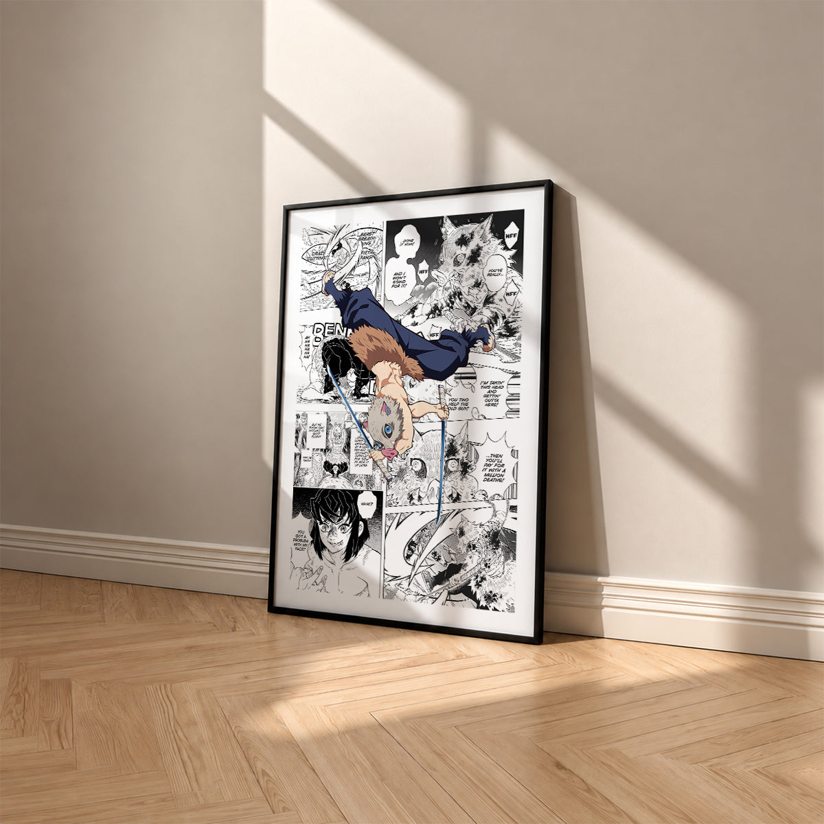 Inosuke Hashibira manga poster inspired by Demon Slayer in a black frame against a warm beige wall