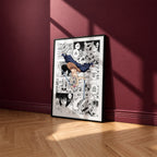 Inosuke Hashibira manga poster inspired by Demon Slayer in a black frame against a burgundy wall