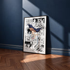 Inosuke Hashibira manga poster inspired by Demon Slayer in a black frame against a navy blue wall