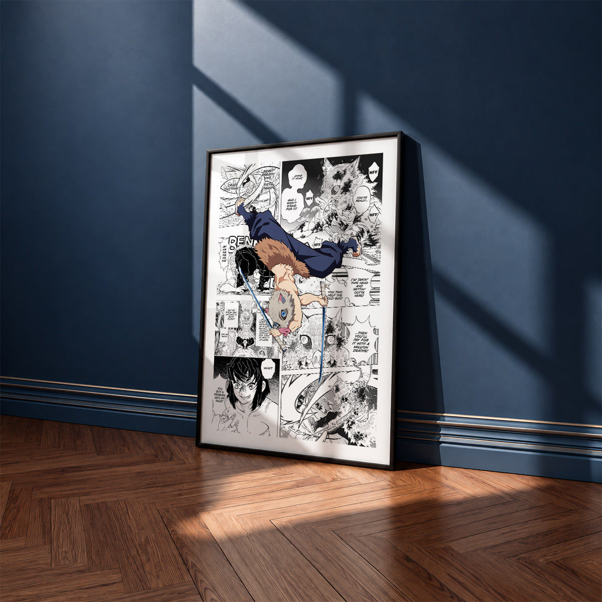 Inosuke Hashibira manga poster inspired by Demon Slayer in a black frame against a navy blue wall