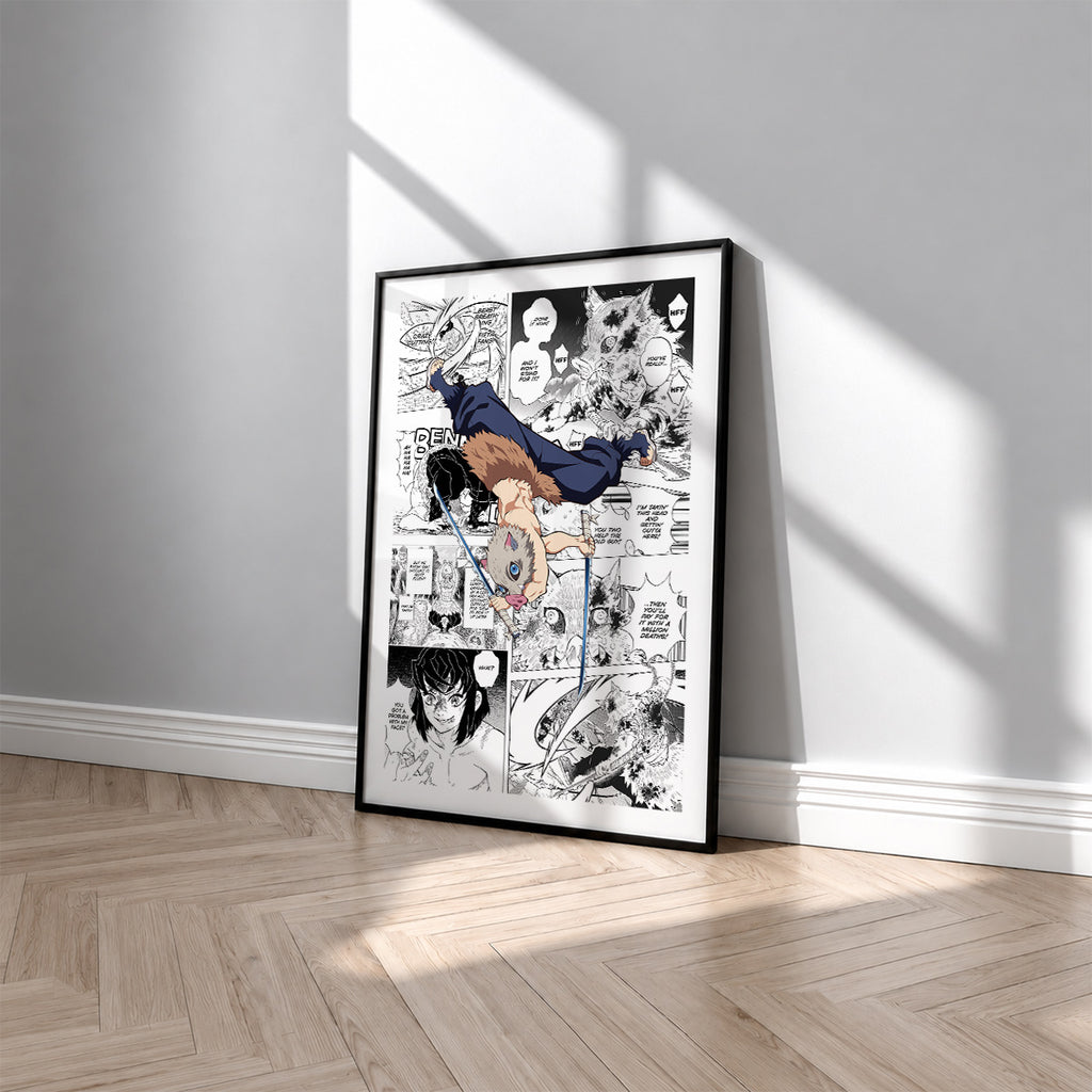 Inosuke Hashibira manga poster inspired by Demon Slayer in a black frame against a light gray wall