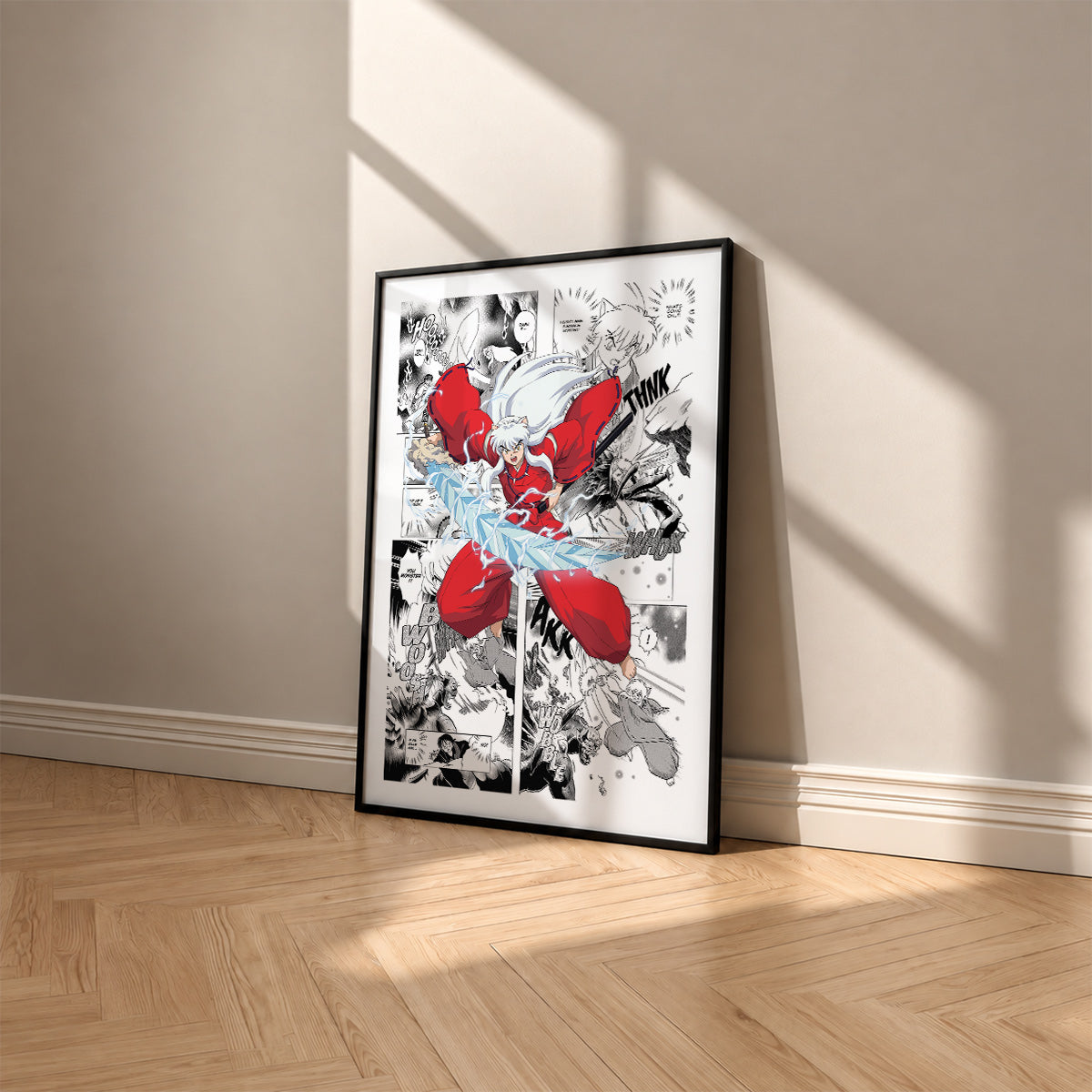 Inuyasha manga poster inspired by Inuyasha in a black frame against a warm beige wall