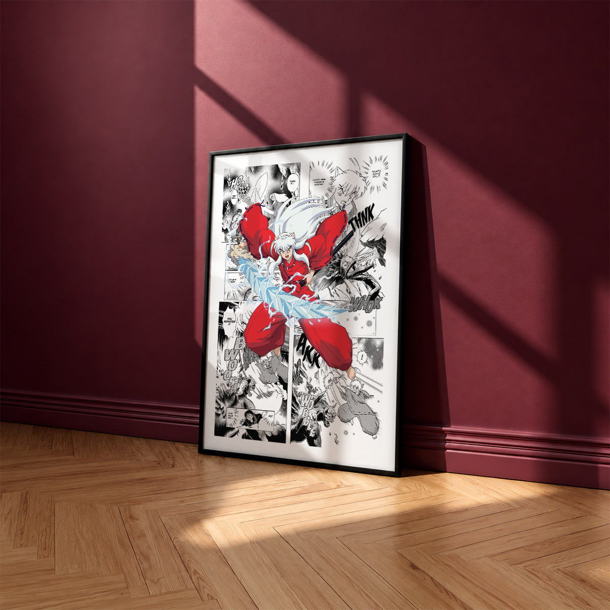 Inuyasha manga poster inspired by Inuyasha in a black frame against a burgundy wall
