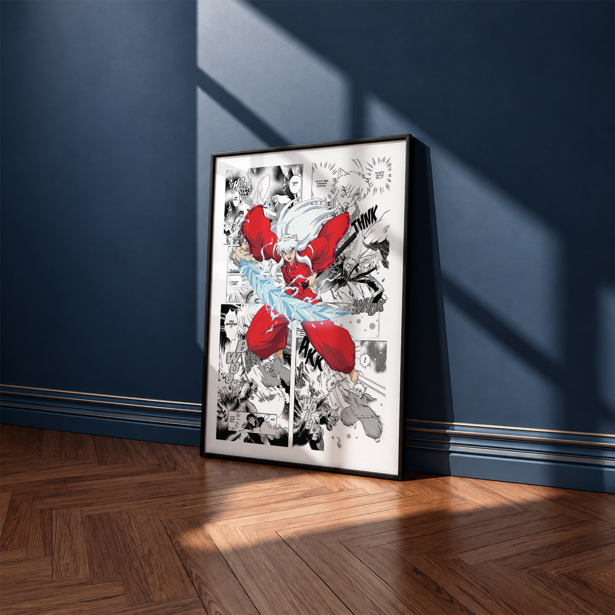 Inuyasha manga poster inspired by Inuyasha in a black frame against a navy blue wall
