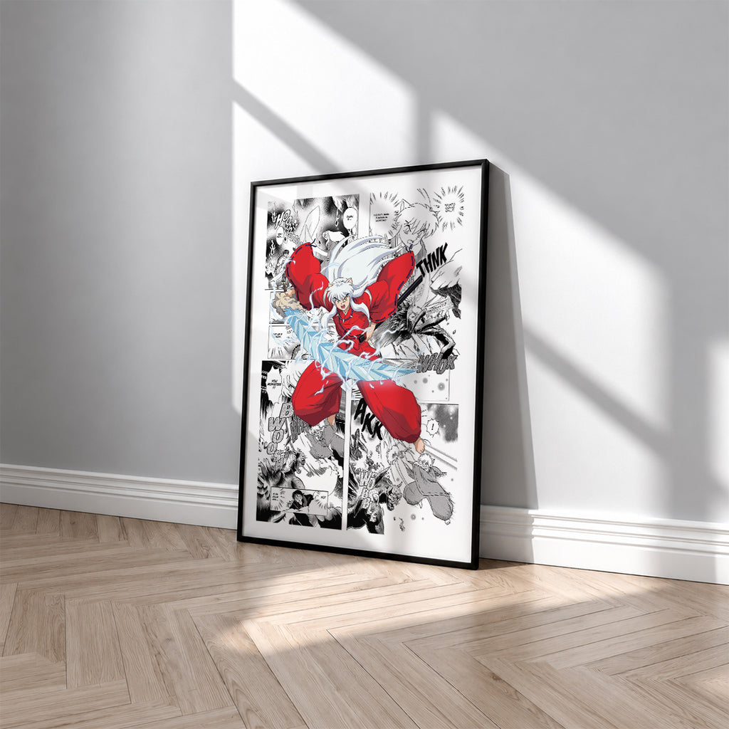 Inuyasha manga poster inspired by Inuyasha in a black frame against a light gray wall