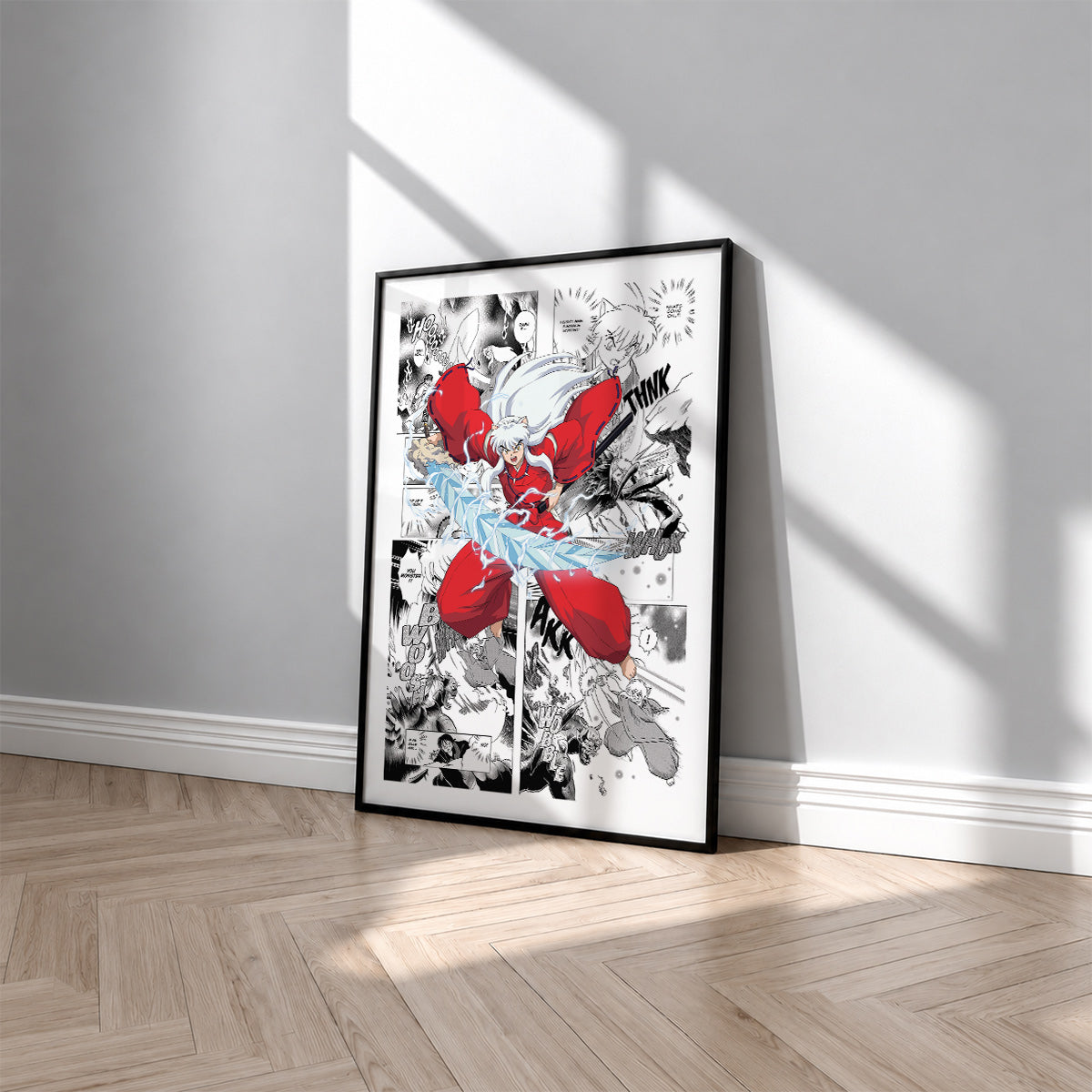 Inuyasha manga poster inspired by Inuyasha in a black frame against a light gray wall