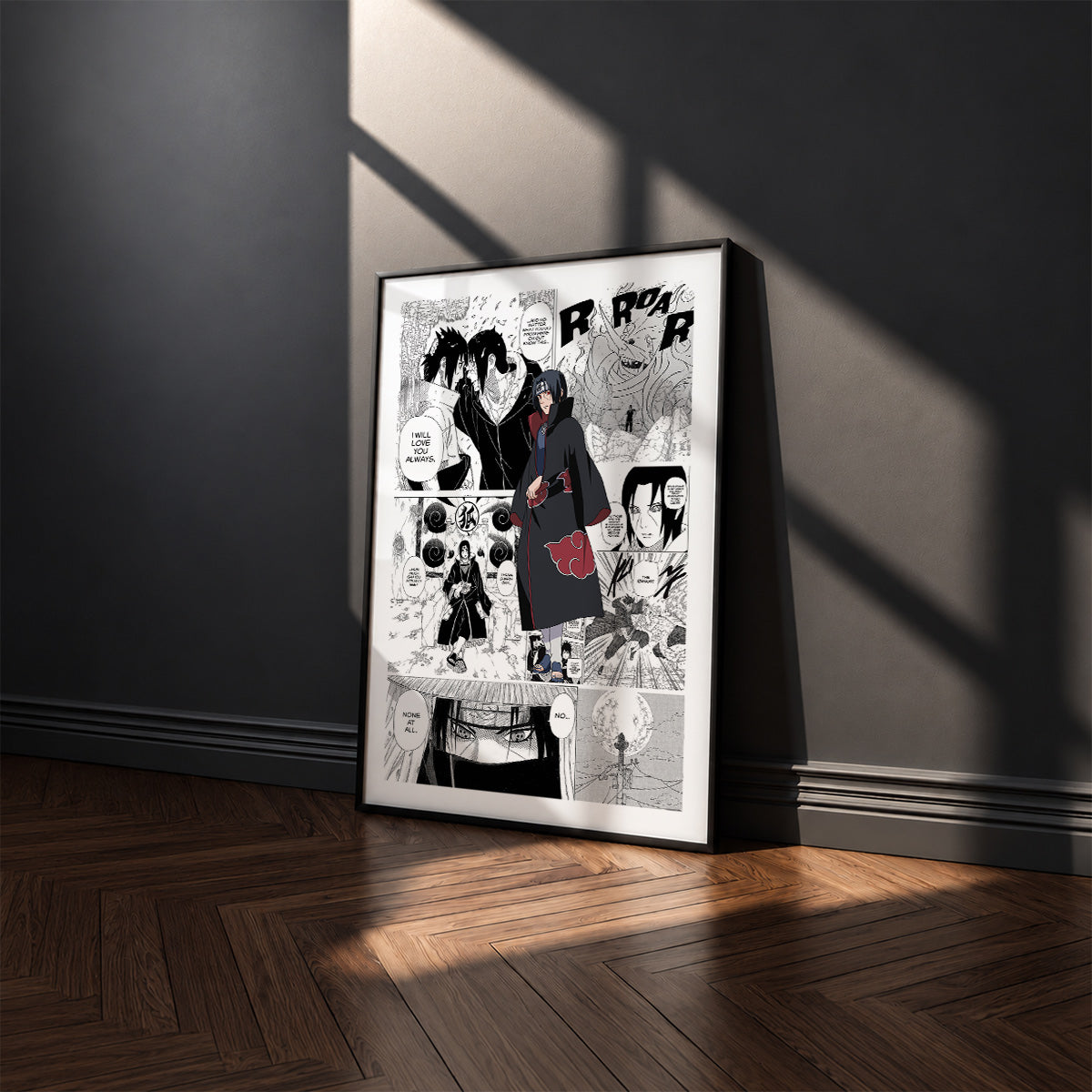 Itachi Uchiha manga poster inspired by Naruto in a black frame against a charcoal gray wall