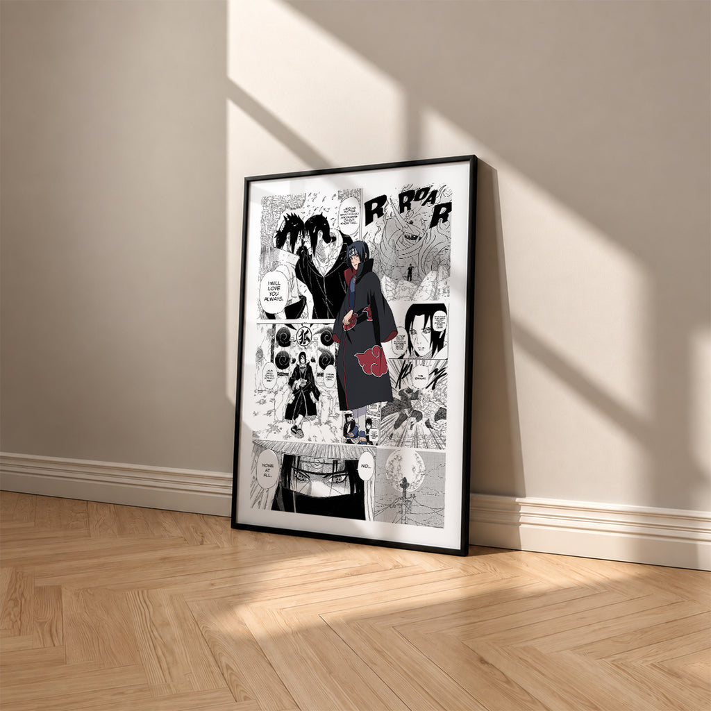 Itachi Uchiha manga poster inspired by Naruto in a black frame against a warm beige wall