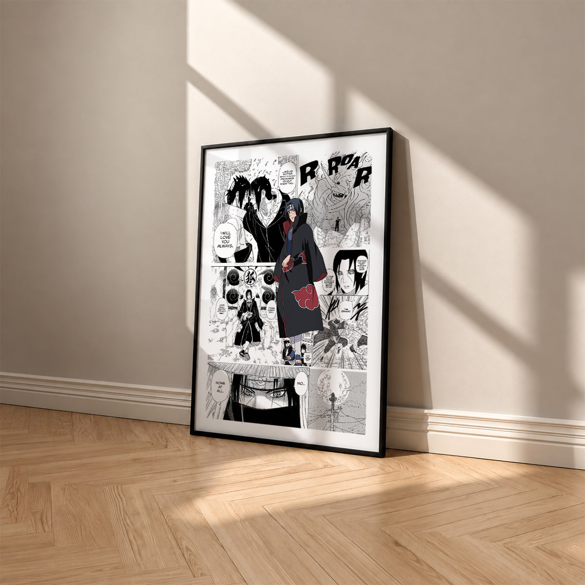 Itachi Uchiha manga poster inspired by Naruto in a black frame against a warm beige wall