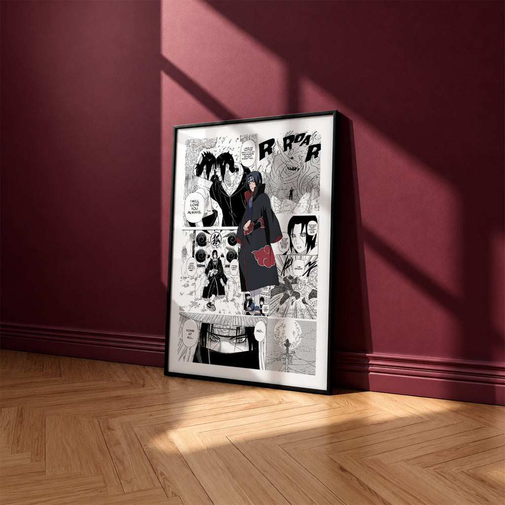 Itachi Uchiha manga poster inspired by Naruto in a black frame against a burgundy wall