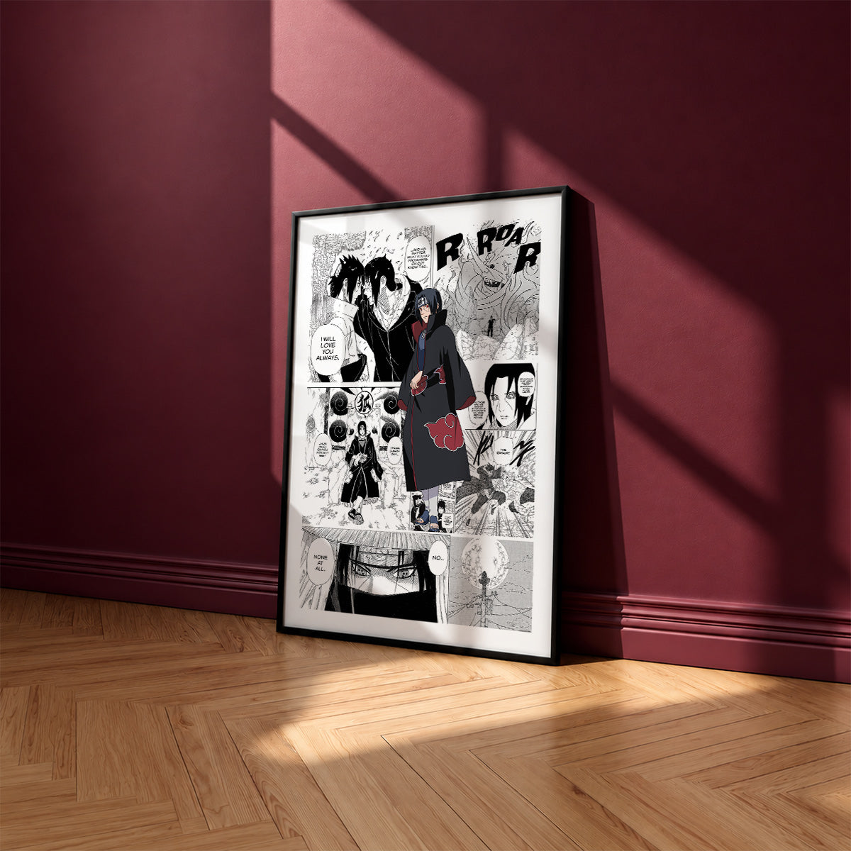 Itachi Uchiha manga poster inspired by Naruto in a black frame against a burgundy wall