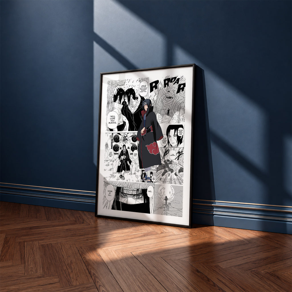 Itachi Uchiha manga poster inspired by Naruto in a black frame against a navy blue wall