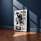 Itachi Uchiha manga poster inspired by Naruto in a black frame against a navy blue wall