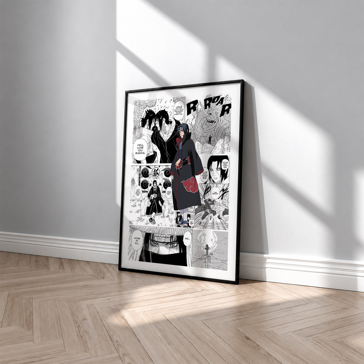 Itachi Uchiha manga poster inspired by Naruto in a black frame against a light gray wall